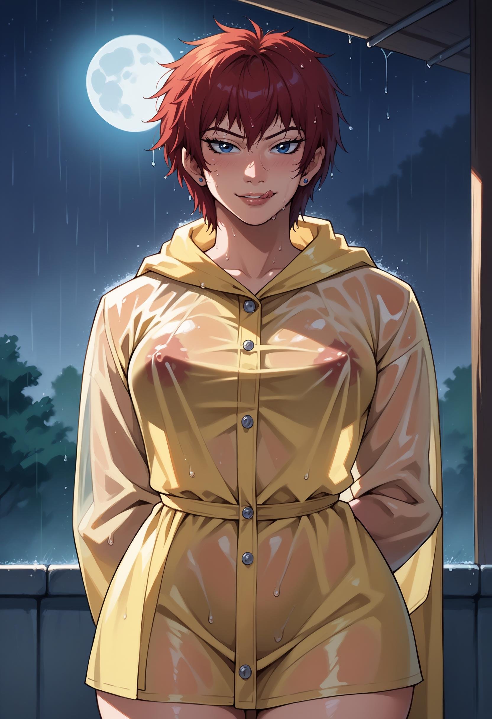 score_9, score_8_up,score_7_up, 1girl, solo, akmktb, tomboy, short hair, red hair, blue eyes,stud earrings, jewelry,yellow raincoat, raincoat, transparent raincoat, see-through coat, covered nipples, wet, wet clothes, wet hair, thighs, looking at viewer, smug, licking lips, tongue out, arms behind back, outdoors, bus top, glass, raining, rain, night sky, starry sky, moon, cowboy shot,<lora:akwmk_pdxl_EliPot_V2:1> 