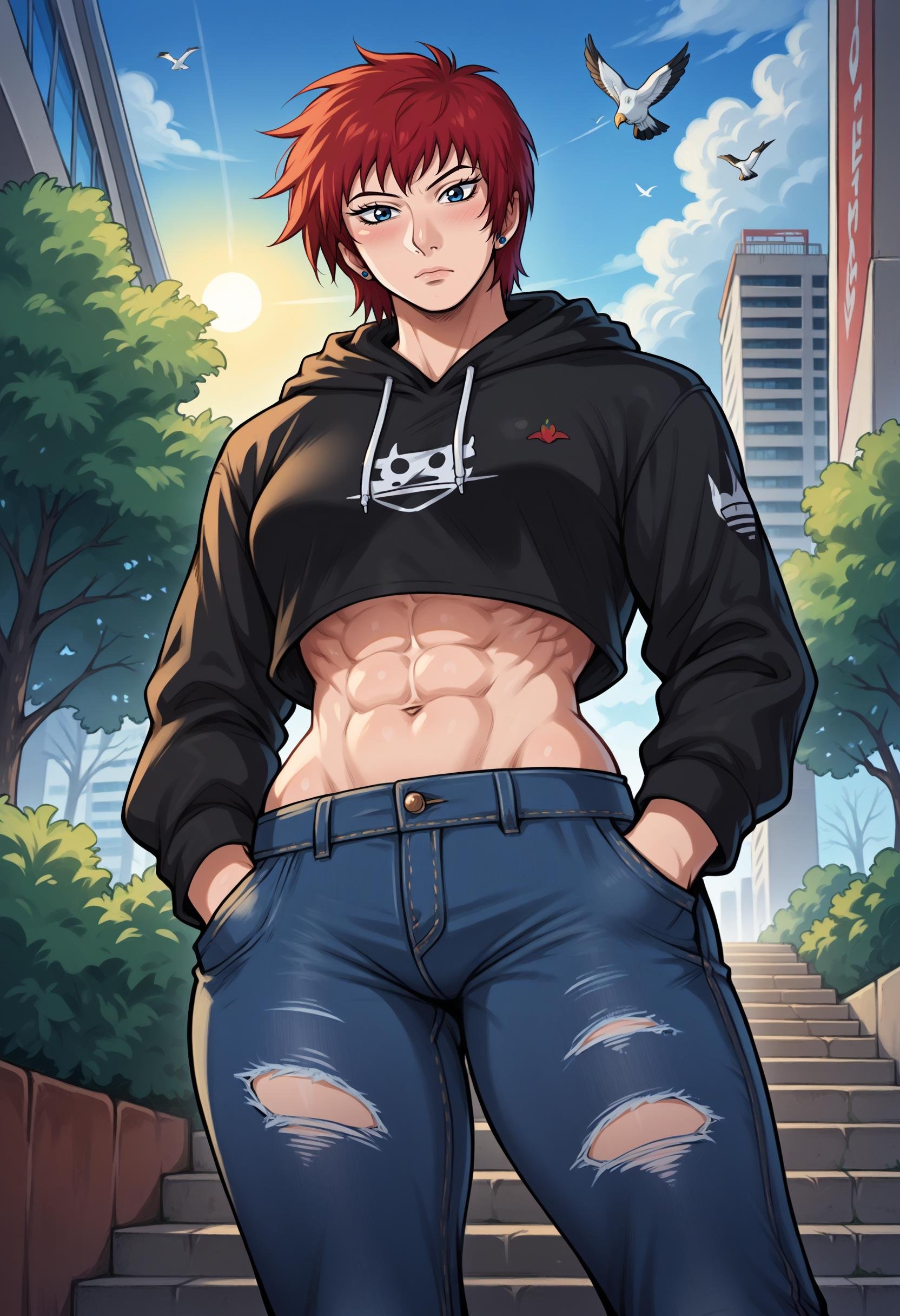 score_9, score_8_up,score_7_up, 1girl, solo, akmktb, tomboy, short hair, red hair, blue eyes,stud earrings, jewelry, black hoodie, cropped hoodie, denim jeans, torn jeans, looking at viewer, looking down, toned, abs, hands in pocket,outdoors, city, stairs, shrub, trees, birds, blue sky, clouds, sun, detailed background,<lora:akwmk_pdxl_EliPot_V2:1> 