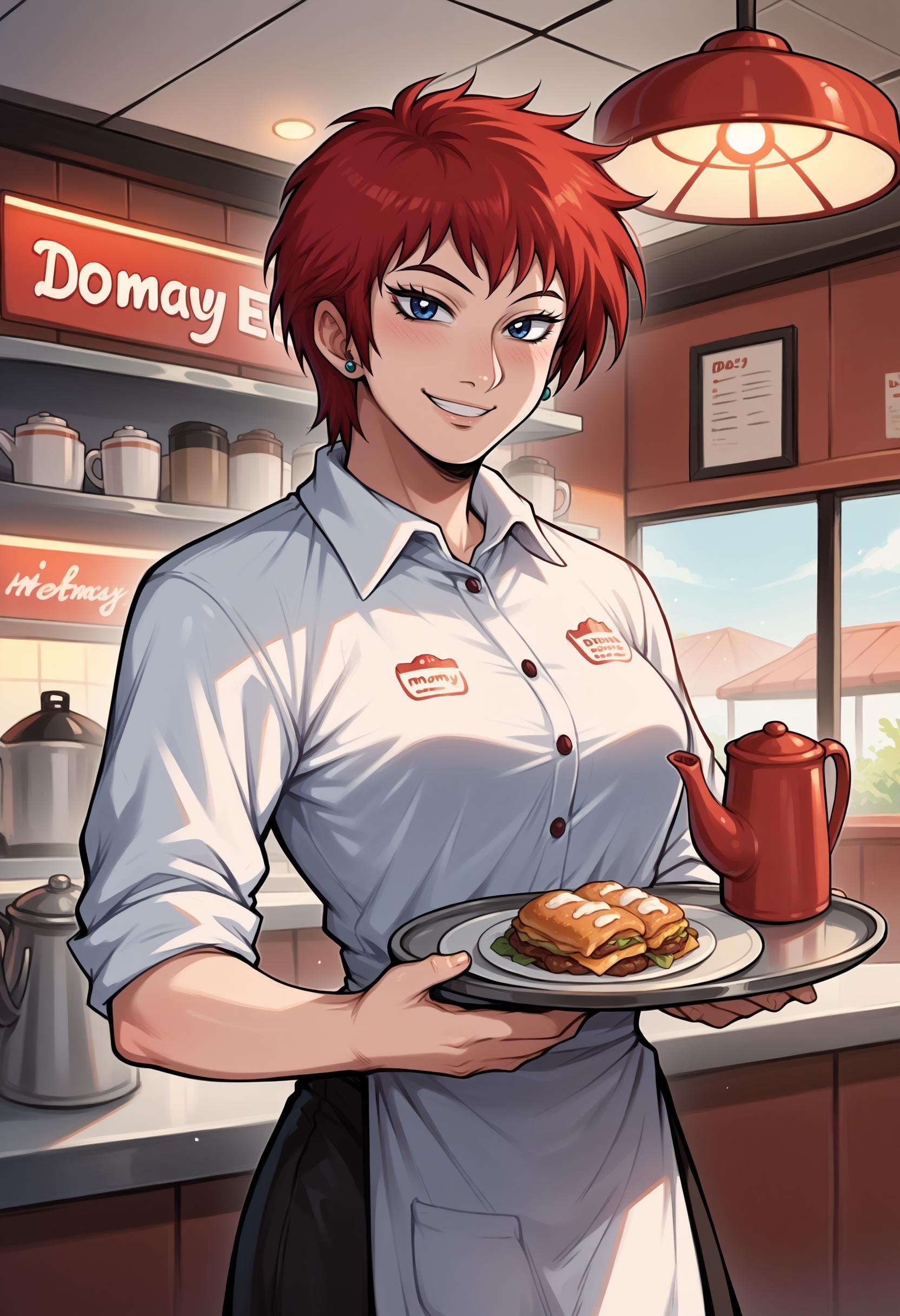 score_9, score_8_up,score_7_up, 1girl, solo, akmktb, tomboy, short hair, red hair, blue eyes,stud earrings, jewelry, indoors, diner, holding, coffee pot, waitress, tray, serving, standing, smile<lora:akwmk_pdxl_EliPot_V2:1> 