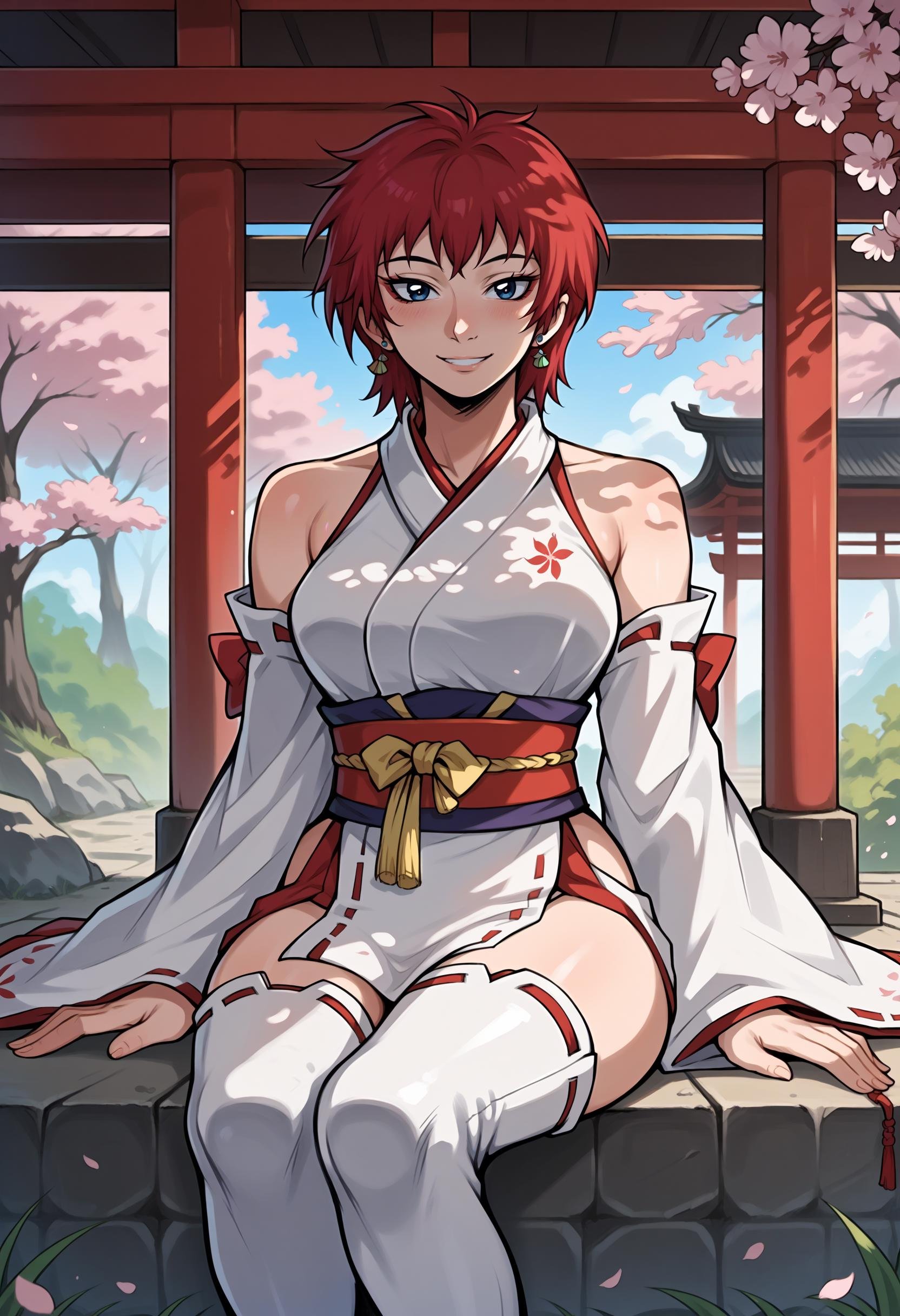 score_9, score_8_up,score_7_up, 1girl, solo, akmktb, tomboy, short hair, red hair, blue eyes,stud earrings, jewelry,hair bow, nontraditional miko, detached sleeves, wide sleeves, bare shoulders, red ribbon, thigh boots, white boots,cherry blossoms,dappled sunlight,shrine,cowboy shot,sitting,smile<lora:akwmk_pdxl_EliPot_V2:1> 