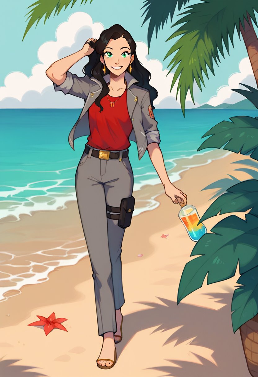 score_9, score_8_up, score_8, full body 2:3, cute, eyelashes, BREAK, Asami_SatoXLWP, light green eyes, black hair, long hair, gray pants, red sleeveless shirt,  gray jacket with black and red lines, belt bags, earrings ,beach, playing, adjusting hair, BREAK, smile, looking at viewer, cowboy shot,  tropical plants, zPDXL,