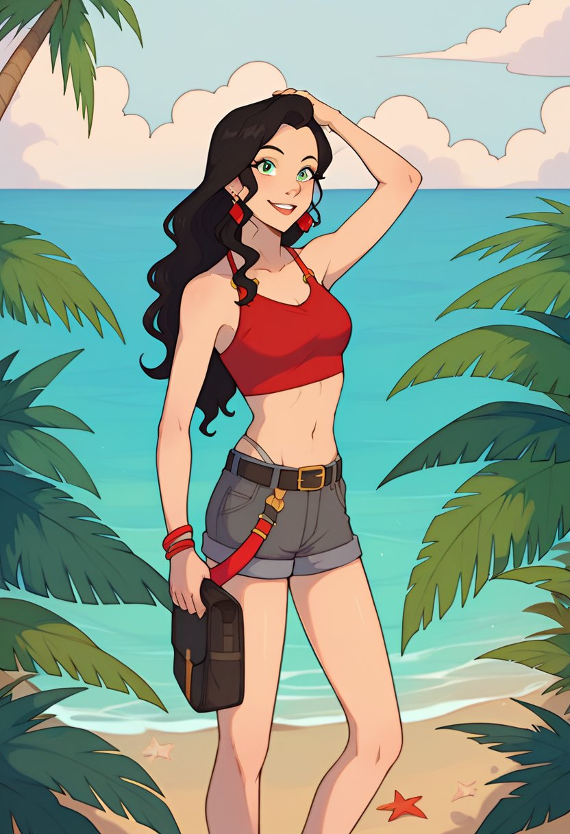 score_9, score_8_up, score_8, full body 2:3, cute, eyelashes, BREAK, Asami_SatoXLWP, light green eyes, black hair, long hair, gray bikini, red sleeveless shirt,  gray jacket with black and red lines, belt bags, earrings ,beach, playing, adjusting hair, BREAK, smile, looking at viewer, cowboy shot,  tropical plants, zPDXL,