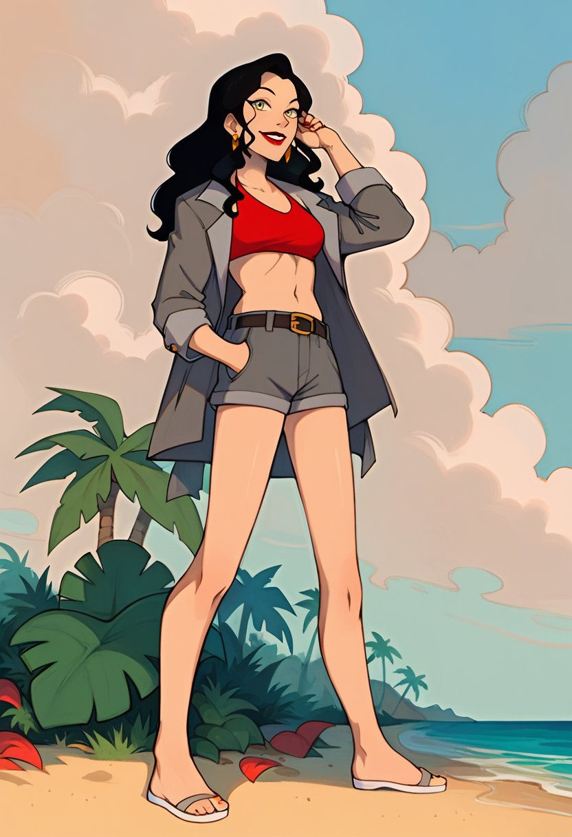 score_9, score_8_up, score_8, full body 2:3, from below, cute, eyelashes, red, lipstick, BREAK, Asami_SatoXLWP, light green eyes, black hair, long hair, gray bikini, red sleeveless shirt,  gray jacket with black and red lines, belt bags, earrings ,beach, playing, adjusting hair, BREAK, smile, looking at viewer, cowboy shot,  tropical plants, zPDXL,