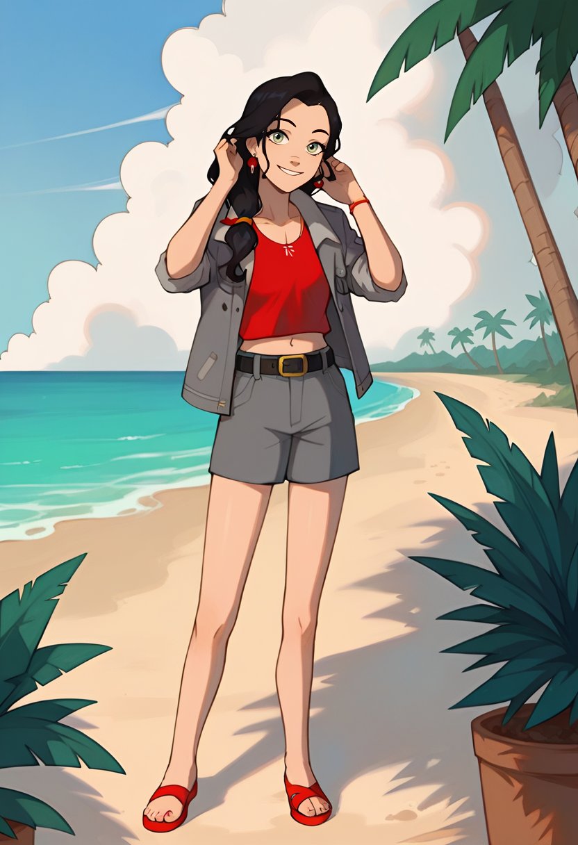 score_9, score_8_up, score_8, full body 2:3, cute, eyelashes, BREAK, Asami_SatoXLWP, light green eyes, black hair, long hair, gray bikini, red sleeveless shirt,  gray jacket with black and red lines, belt bags, earrings ,beach, playing, adjusting hair, BREAK, smile, looking at viewer, cowboy shot,  tropical plants, zPDXL,