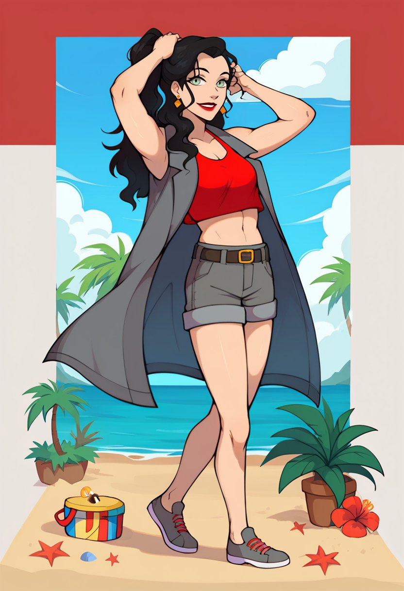 score_9, score_8_up, score_8, full body 2:3, cute, eyelashes, red, lipstick, BREAK, Asami_SatoXLWP, light green eyes, black hair, long hair, gray bikini, red sleeveless shirt,  gray jacket with black and red lines, belt bags, earrings ,beach, playing, adjusting hair, BREAK, smile, looking at viewer, cowboy shot,  tropical plants, zPDXL,