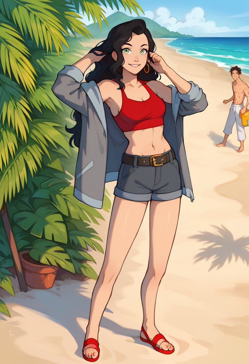 score_9, score_8_up, score_8, full body 2:3, cute, eyelashes, BREAK, Asami_SatoXLWP, light green eyes, black hair, long hair, gray bikini, red sleeveless shirt,  gray jacket with black and red lines, belt bags, earrings ,beach, playing, adjusting hair, BREAK, smile, looking at viewer, cowboy shot,  tropical plants, zPDXL,