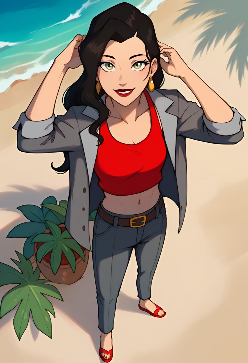 score_9, score_8_up, score_8, full body 2:3, from above, cute, eyelashes, red, lipstick, BREAK, Asami_SatoXLWP, light green eyes, black hair, long hair, gray bikini, red sleeveless shirt,  gray jacket with black and red lines, belt bags, earrings ,beach, playing, adjusting hair, BREAK, smile, looking at viewer, cowboy shot,  tropical plants, zPDXL,