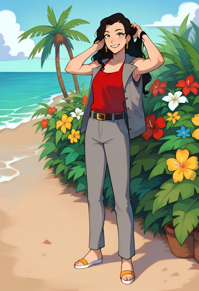 score_9, score_8_up, score_8, full body 2:3, cute, eyelashes, BREAK, Asami_SatoXLWP, light green eyes, black hair, long hair, gray pants, red sleeveless shirt,  gray jacket with black and red lines, belt bags, earrings ,beach, playing, adjusting hair, BREAK, smile, looking at viewer, cowboy shot,  tropical plants, zPDXL,