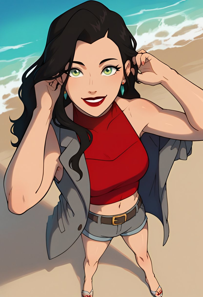 score_9, score_8_up, score_8, full body 2:3, from above, cute, eyelashes, red, lipstick, BREAK, Asami_SatoXLWP, light green eyes, black hair, long hair, gray bikini, red sleeveless shirt,  gray jacket with black and red lines, belt bags, earrings ,beach, playing, adjusting hair, BREAK, smile, looking at viewer, cowboy shot,  tropical plants, zPDXL,