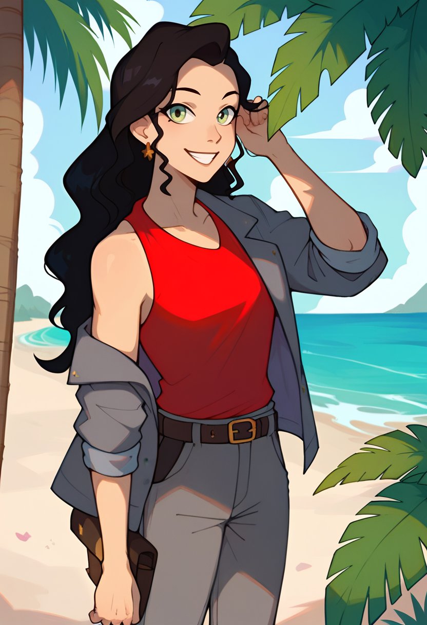 score_9, score_8_up, score_8, full body 2:3, cute, eyelashes, BREAK, Asami_SatoXLWP, light green eyes, black hair, long hair, gray pants, red sleeveless shirt,  gray jacket with black and red lines, belt bags, earrings ,beach, playing, adjusting hair, BREAK, smile, looking at viewer, cowboy shot,  tropical plants, zPDXL,