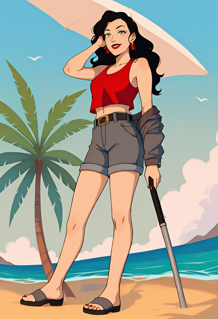 score_9, score_8_up, score_8, full body 2:3, from below, cute, eyelashes, red, lipstick, BREAK, Asami_SatoXLWP, light green eyes, black hair, long hair, gray bikini, red sleeveless shirt,  gray jacket with black and red lines, belt bags, earrings ,beach, playing, adjusting hair, BREAK, smile, looking at viewer, cowboy shot,  tropical plants, zPDXL,