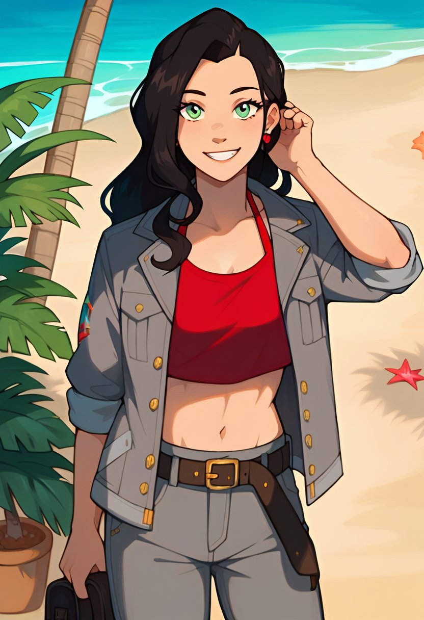 score_9, score_8_up, score_8, full body 2:3, cute, eyelashes, BREAK, Asami_SatoXLWP, light green eyes, black hair, long hair, gray bikini, red sleeveless shirt,  gray jacket with black and red lines, belt bags, earrings ,beach, playing, adjusting hair, BREAK, smile, looking at viewer, cowboy shot,  tropical plants, zPDXL,