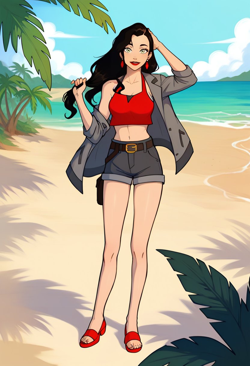 score_9, score_8_up, score_8, full body 2:3, cute, eyelashes, red, lipstick, BREAK, Asami_SatoXLWP, light green eyes, black hair, long hair, gray bikini, red sleeveless shirt,  gray jacket with black and red lines, belt bags, earrings ,beach, playing, adjusting hair, BREAK, smile, looking at viewer, cowboy shot,  tropical plants, zPDXL,