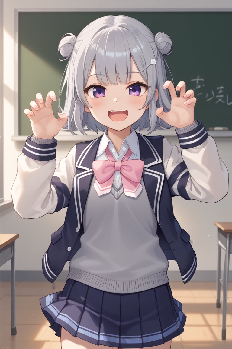 score_9, score_8_up, score_7_up, source_anime, ultra detailed,beautiful face,highres, beautiful fingers, beautiful hands, BREAK, classroom, classroom  background, blackboard, perfect lighting,
 BREAK, 1girl, koharu_rikka, double bun grey hair, hair bun, short hair, hair ornament, hairclip, purple eyes, school uniform, jacket, blue vest, white long sleeves, grey sweater, pink bowtie, pleated skirt, miniskirt, blue skirt, white socks, pink sneakers,
 claw pose, screaming, smile, cowboy shot,