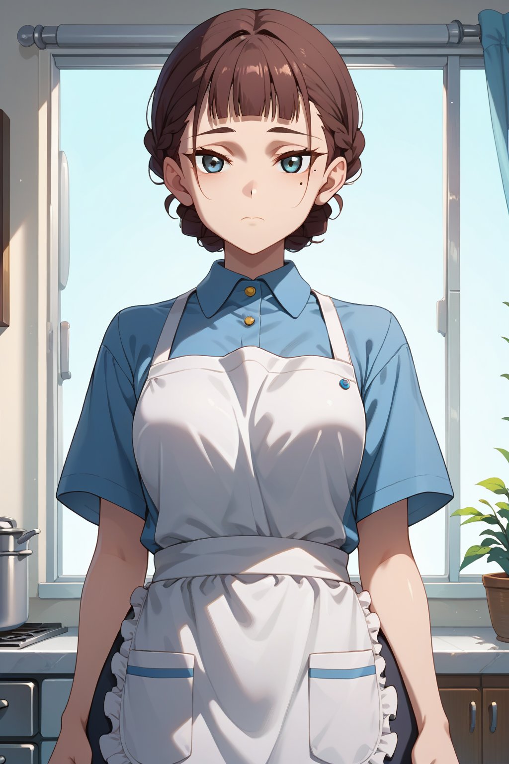 score_9, score_8_up, score_7_up, 1girl, maidsaya, short hair, blue eyes, brown hair, closed mouth, braid, blunt bangs, hair bun, mole, apron, mole under eye, indoors, cowboy shot,