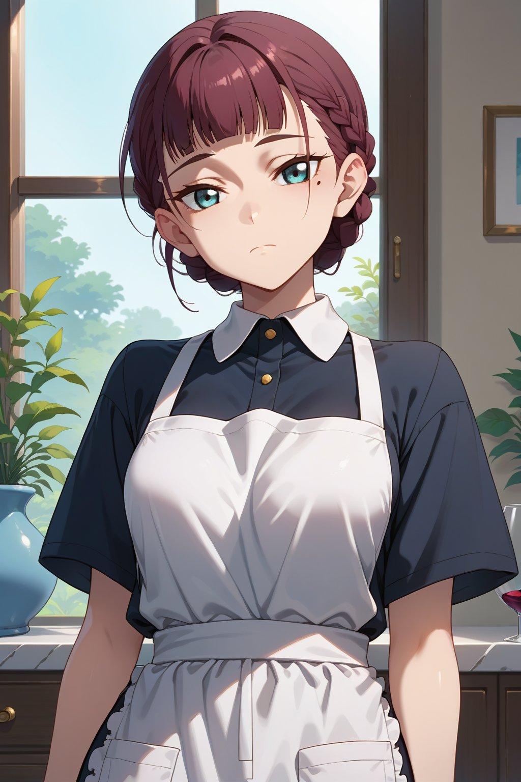 score_9, score_8_up, score_7_up, 1girl, maidsaya, short hair, blue eyes, wine hair, closed mouth, braid, blunt bangs, hair bun, mole, apron, mole under eye, indoors, cowboy shot,