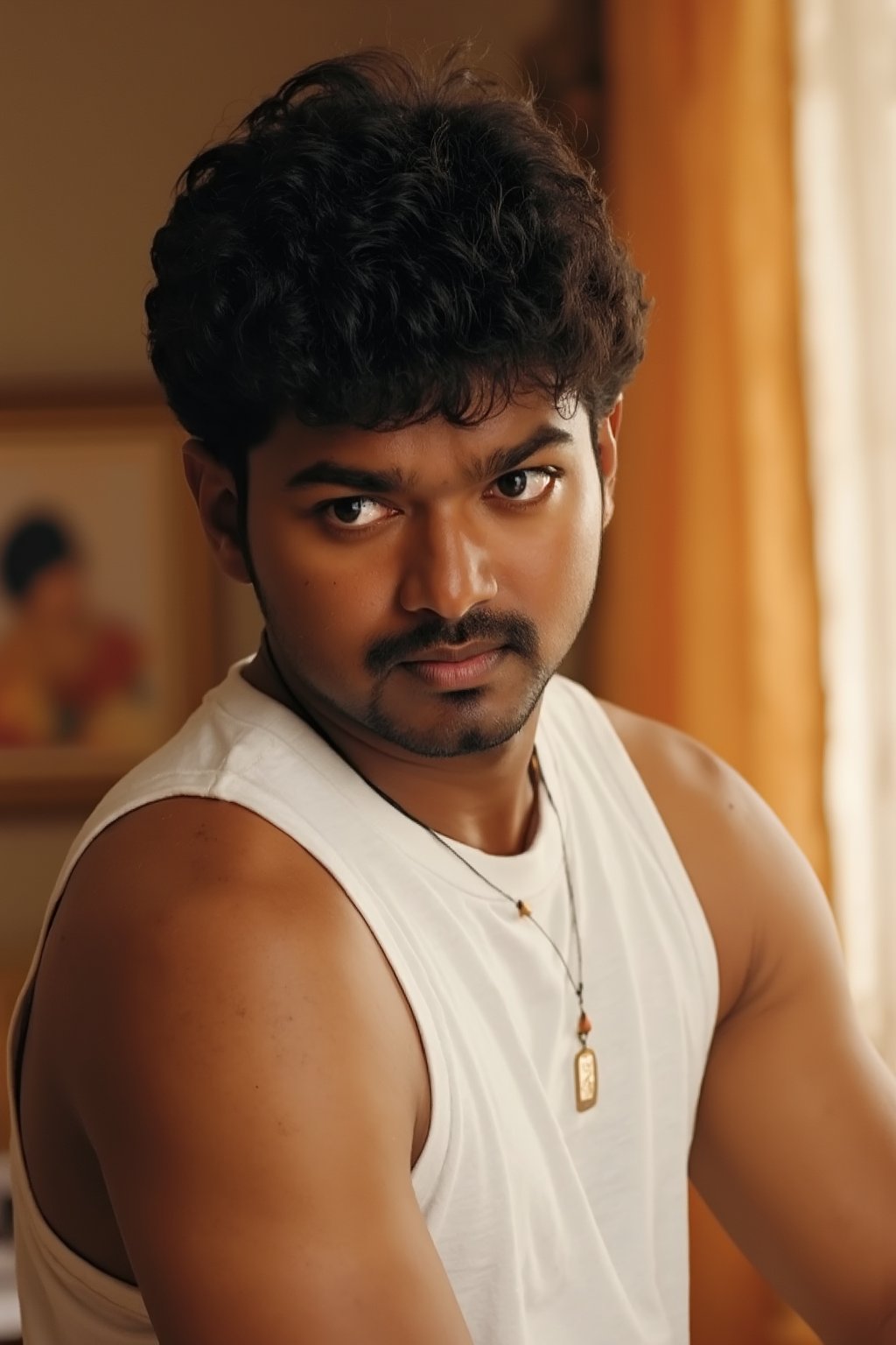 A close-up portrait of a ghilli vijay, set against a softly blurred interior background. The scene is portrayed in a hyperrealistic style, highlighting the textures of the hair and skin. Soft, warm colors dominate the setting, with gentle light filtering through, creating a serene and intimate atmosphere. The focus is on the well-defined shoulders and the upper body, clad in a simple, white sleeveless shirt, emphasizing a casual yet contemplative mood. Subtle details, like the hint of a living space in the background, add depth to the image, 2000s indian cinema