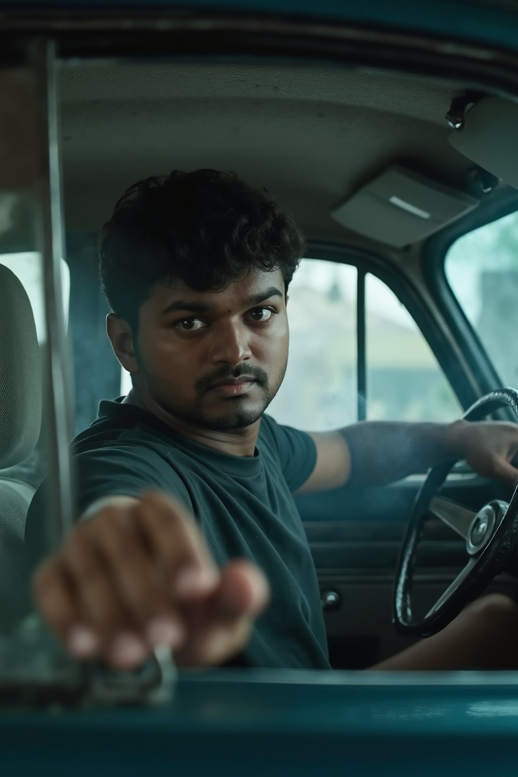 A close-up view inside a vintage car, capturing the atmosphere of a tense moment. The interior is dimly lit with soft, muted colors, emphasizing the shadows and the faint glow of a streaky, smoky haze that drifts throughout the vehicle. ghilli vijay inside is wearing a dark t-shirt, with the focus on their shoulders and hands while he grip the steering wheel firmly. The background features blurred outlines of the car's interior, enhancing the feeling of confinement. The scene conveys a sense of suspense and introspection, reminiscent of a film noir aesthetic, with a color palette of deep blues, grays, and blacks, contrasted by subtle hints of warmth from the smoke swirling in the air.