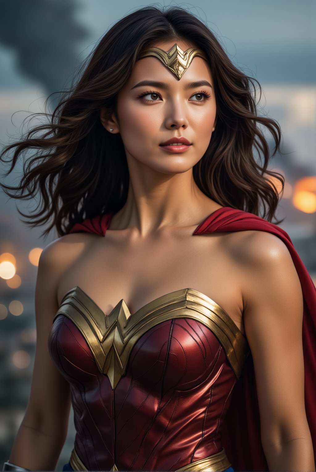 Depict a powerful close-up of Wonder Woman, her fierce yet compassionate expression framed by her iconic golden tiara. Her piercing blue eyes shine with determination, while her perfectly sculpted features exude strength and grace. The metallic sheen of her golden armor catches the light, highlighting the intricate detailing on her breastplate and the bold red and blue colors of her outfit. Her flowing dark hair billows slightly in the wind, adding to the sense of motion and energy. Behind her, a backdrop of stormy skies and distant battle scenes hints at the intensity of the moment, yet her unwavering gaze conveys a sense of hope and unshakable resolve.
BREAK
detailed exquisite face,soft shiny skin,realistic,detailed,sharp focus,high contrast,rule of thirds,depth of perspective,award-winning photo,chiaroscuro lighting,ek_g1rl_02