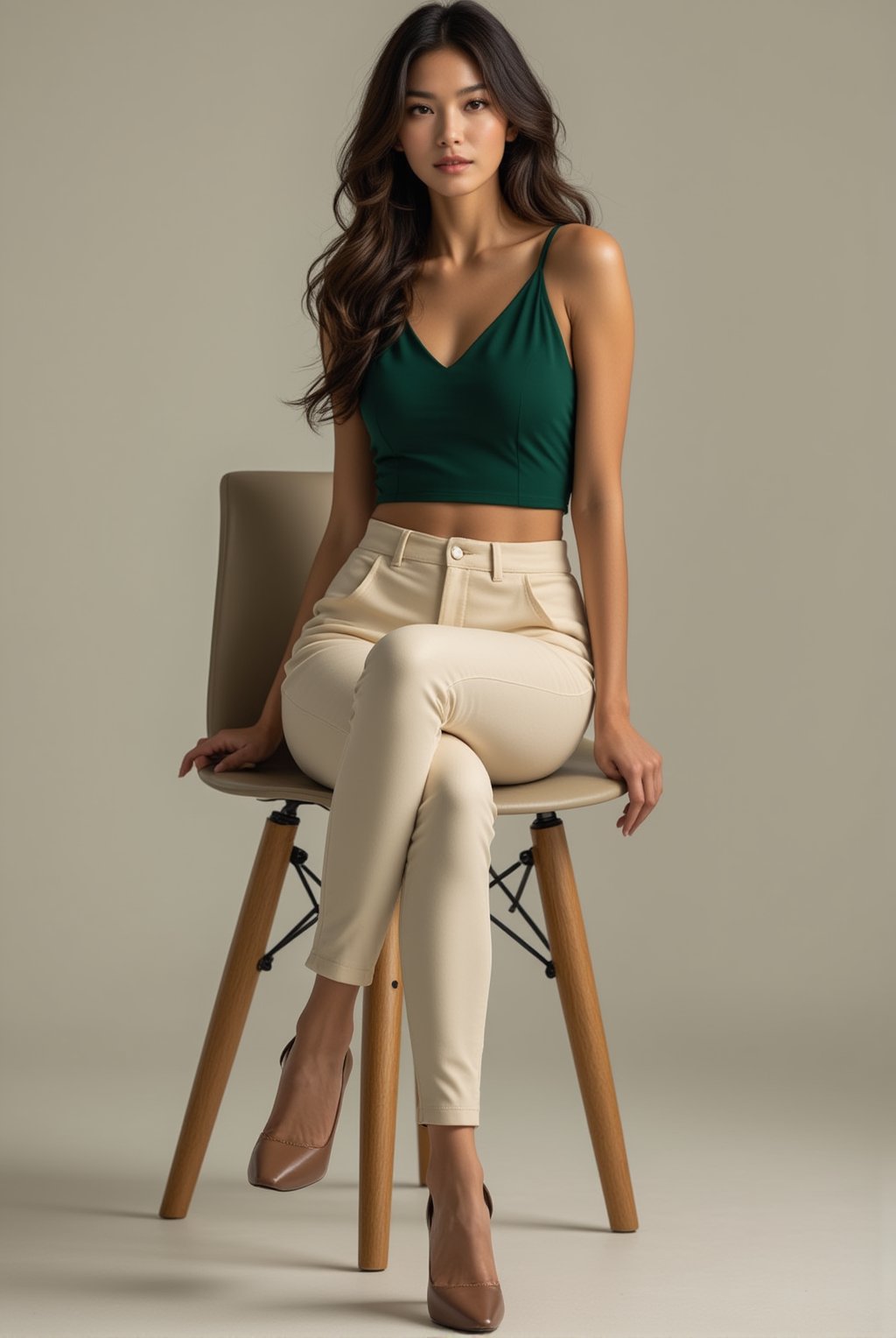 A stylish female fashion model sitting confidently on a chair, detailed exquisite face,wearing a sleek green top, cream leggings, and high heels. She strikes an elegant, bold pose with one leg slightly extended, showcasing her modern, sophisticated fashion and poise.
BREAK
detailed exquisite face,soft shiny skin,realistic,detailed,sharp focus,high contrast,rule of thirds,depth of perspective,award-winning photo,chiaroscuro lighting,ek_g1rl_02