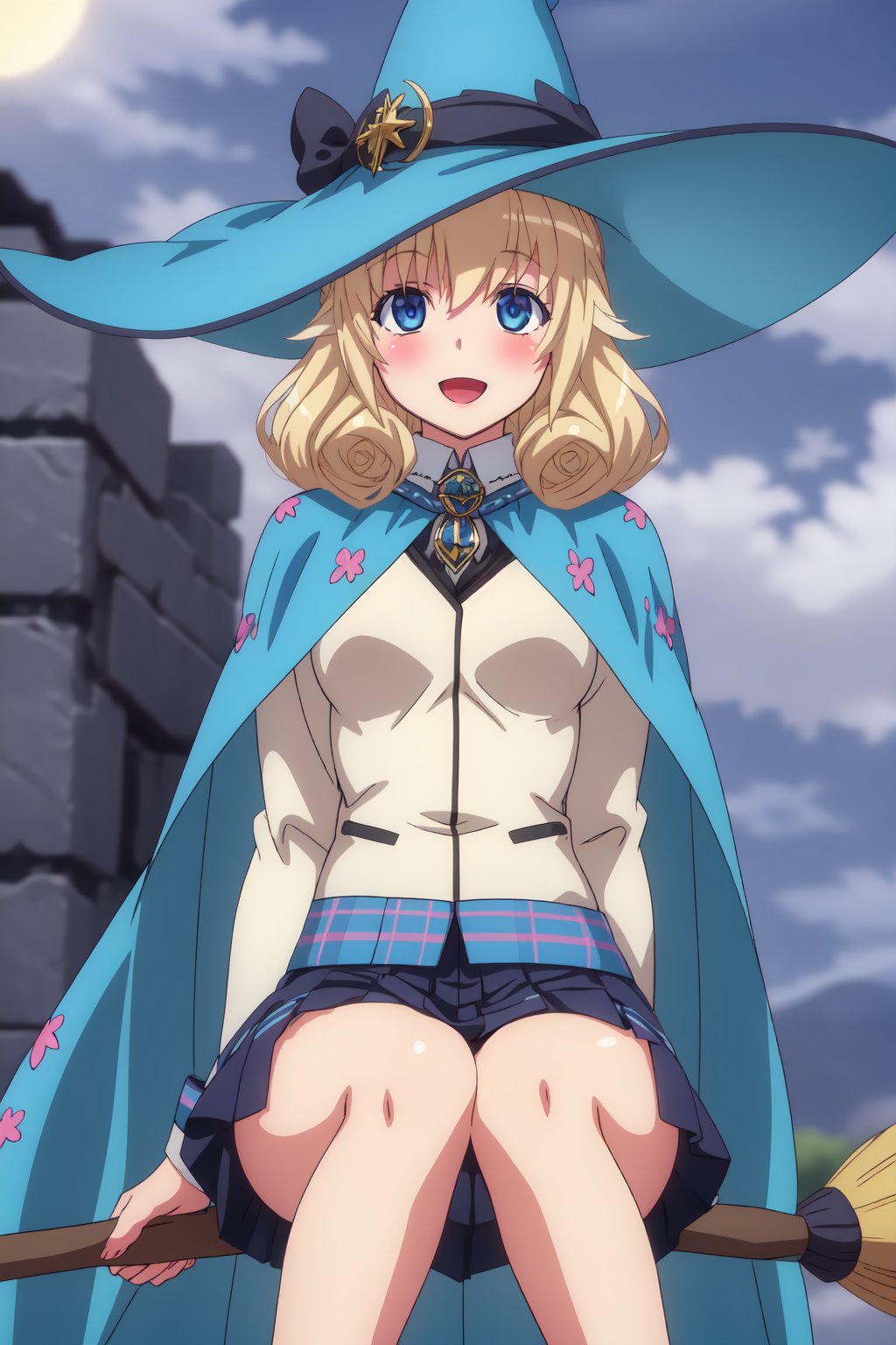 Le Fay Pendragon, (8k, HD), 1girl, solo, blue eyes, skirt, blonde hair, hat, sitting, cloud, cape, witch hat, broom, broom riding, sidesaddle, good hands, looking at viewer, smile, blush, :d,