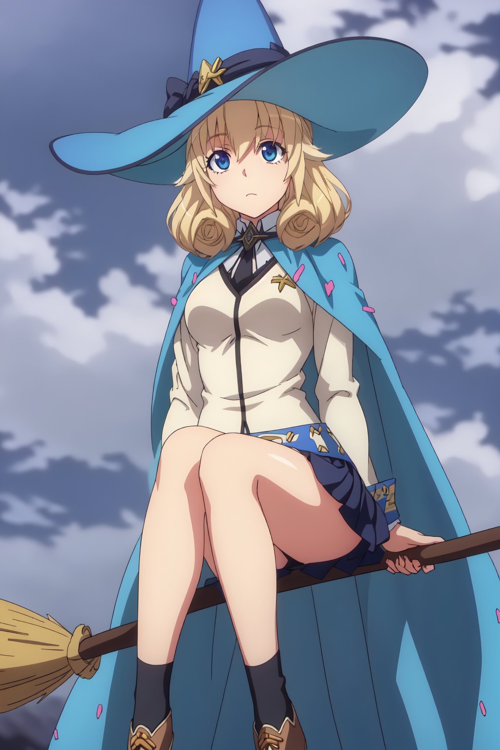 Le Fay Pendragon, (8k, HD), 1girl, solo, blue eyes, skirt, blonde hair, hat, sitting, cloud, cape, witch hat, broom, broom riding, sidesaddle, good hands,