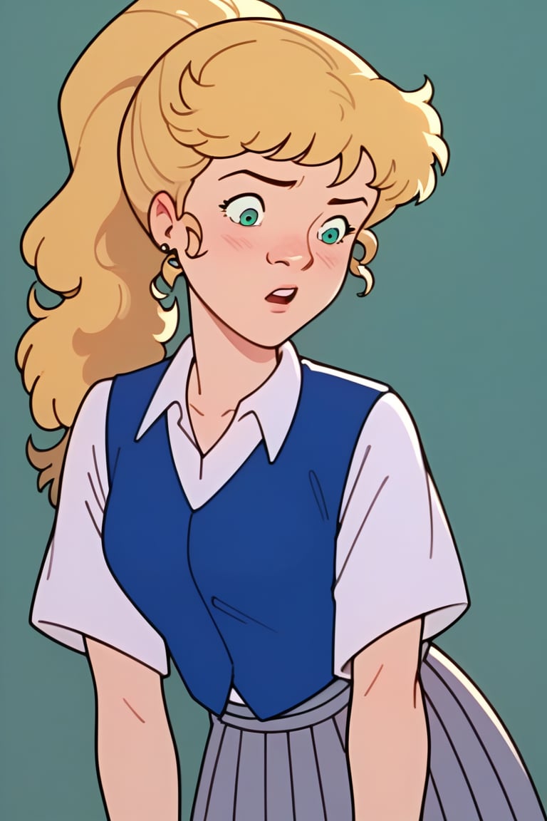 score_9, score_8_up,score_7_up,source_cartoon,Anne_Hopkins, blond long hair, long gray skirt, shirt, blue vest, Green eyes,BREAK, cartoon style, ponytail