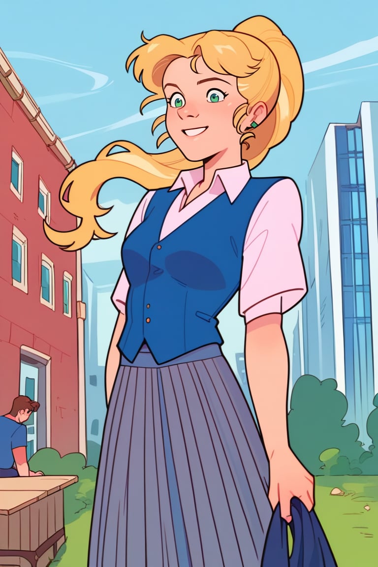 score_9, score_8_up,score_7_up,source_cartoon,Anne_Hopkins, blond long hair, long gray skirt, shirt, blue vest, Green eyes,BREAK, cartoon style, ponytail, smile,