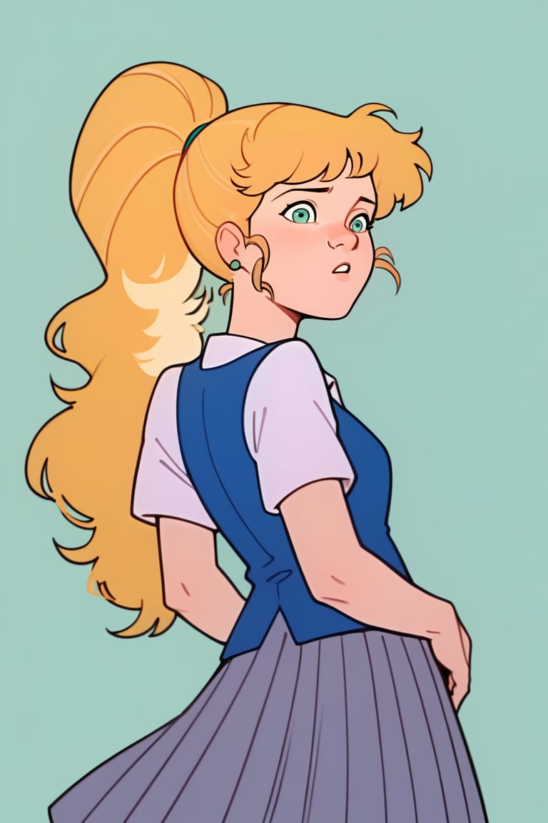 score_9, score_8_up,score_7_up,source_cartoon,Anne_Hopkins, blond long hair, long gray skirt, shirt, blue vest, Green eyes,BREAK, cartoon style, ponytail, 