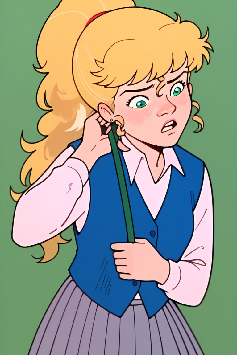 score_9, score_8_up,score_7_up,source_cartoon,Anne_Hopkins, blond hair, long gray skirt, shirt, blue vest, Green eyes,BREAK, cartoon style, ponytail