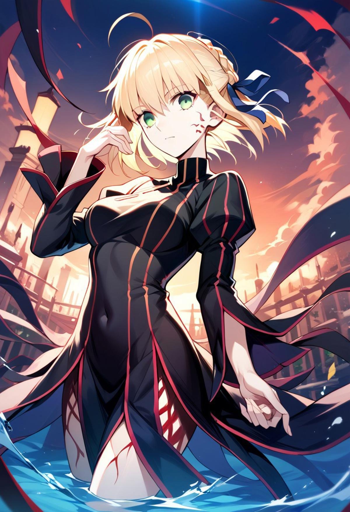 score_9, score_8_up, score_7_up, source_anime, DARK SAKURA BODYSUIT, COVERED NAVEL, saber, blonde hair, green eyes, short hair, french braid, ahoge