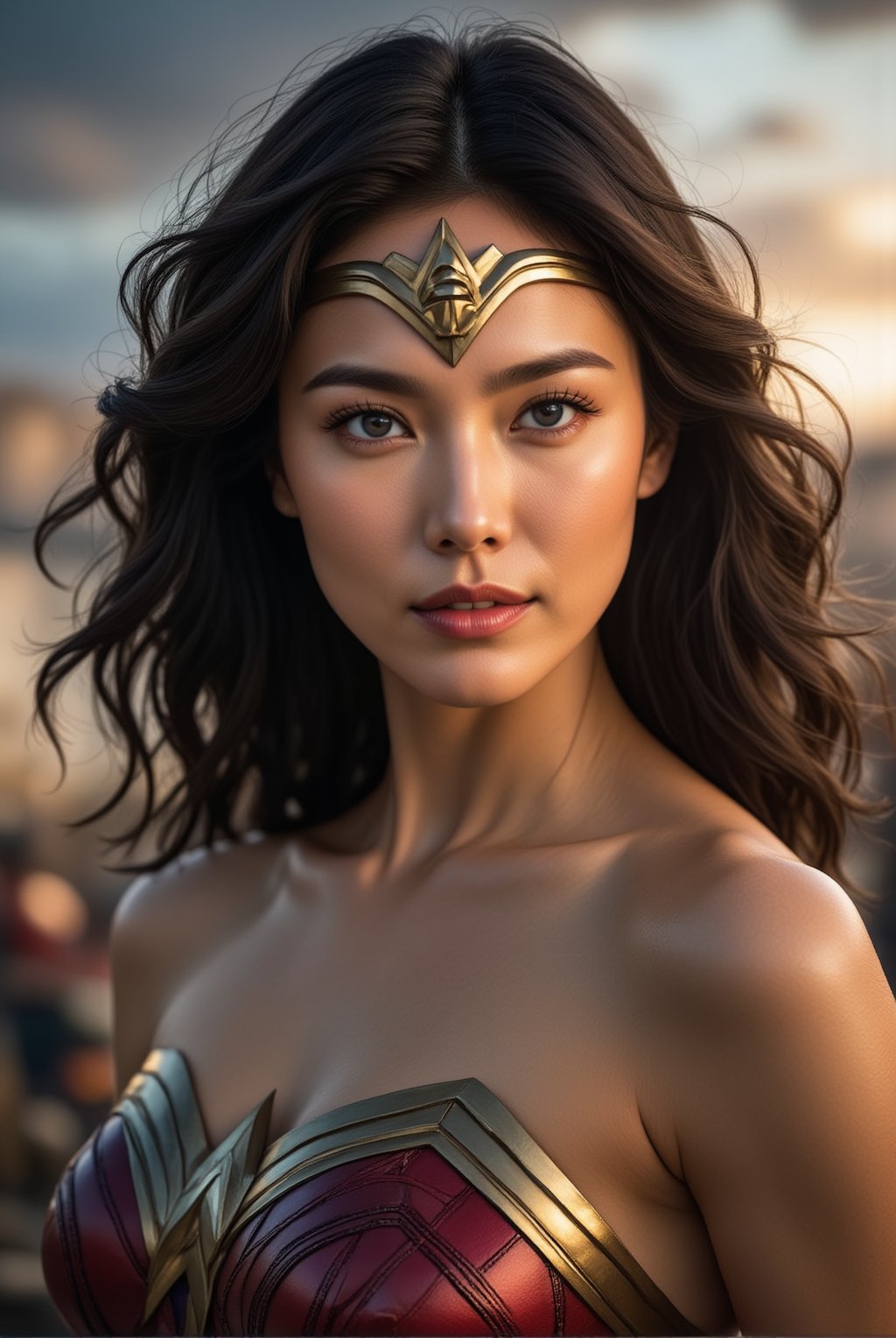 Depict a powerful close-up of Wonder Woman, her fierce yet compassionate expression framed by her iconic golden tiara. Her piercing blue eyes shine with determination, while her perfectly sculpted features exude strength and grace. The metallic sheen of her golden armor catches the light, highlighting the intricate detailing on her breastplate and the bold red and blue colors of her outfit. Her flowing dark hair billows slightly in the wind, adding to the sense of motion and energy. Behind her, a backdrop of stormy skies and distant battle scenes hints at the intensity of the moment, yet her unwavering gaze conveys a sense of hope and unshakable resolve.
BREAK
detailed exquisite face,soft shiny skin,realistic,detailed,sharp focus,high contrast,rule of thirds,depth of perspective,award-winning photo,chiaroscuro lighting,ek_g1rl_02