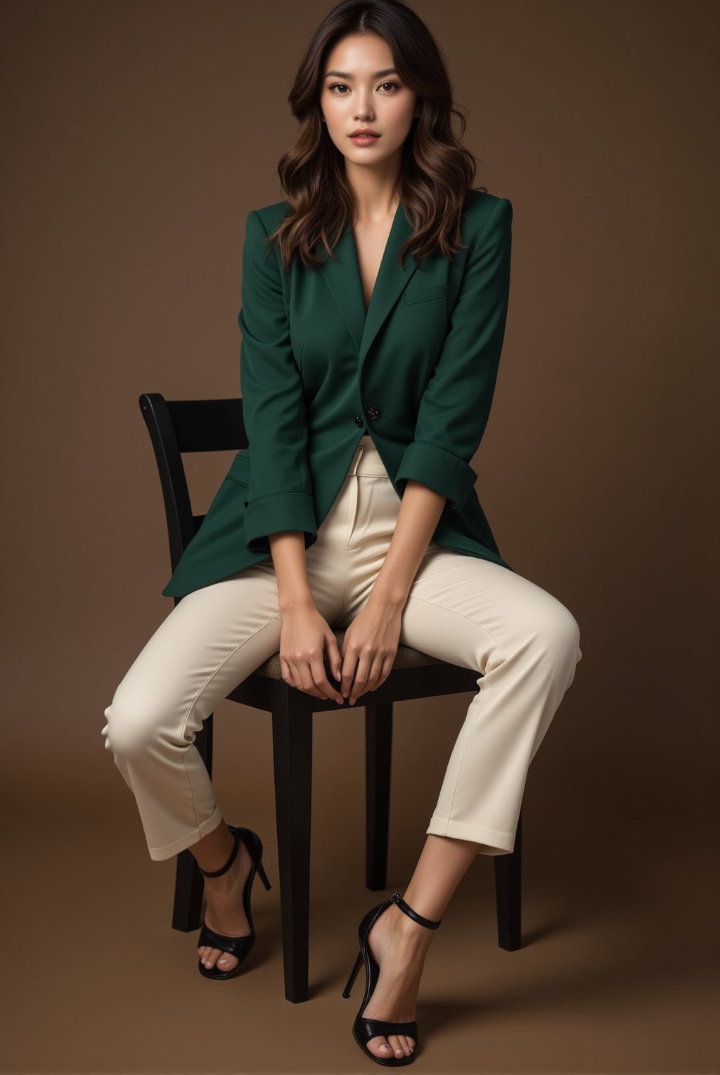 A stylish female fashion model sitting confidently on a chair, detailed exquisite face,wearing a sleek green top, cream leggings, and high heels. She strikes an elegant, bold pose with one leg slightly extended, showcasing her modern, sophisticated fashion and poise.
BREAK
detailed exquisite face,soft shiny skin,realistic,detailed,sharp focus,high contrast,rule of thirds,depth of perspective,award-winning photo,chiaroscuro lighting,ek_g1rl_02