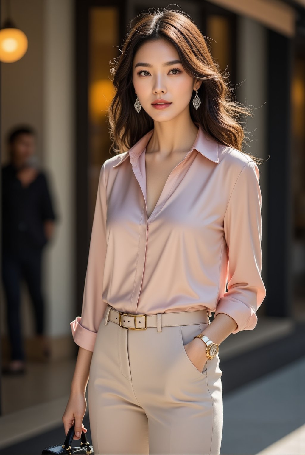 A 20-year-old elegant and sophisticated city woman is wearing a luxury silk blouse and high-waisted pants. The pastel-toned blouse features metallic details, and the pants fall neatly just above the ankles. She pairs black stiletto heels with a designer mini bag, accessorized with diamond earrings of chanel logo and a slim gold watch. Her look is completed with natural wavy hair and neutral-toned makeup, exuding refined city style
BREAK
detailed exquisite face,soft shiny skin,realistic,detailed,sharp focus,high contrast,rule of thirds,depth of perspective,award-winning photo,chiaroscuro lighting,ek_g1rl_02