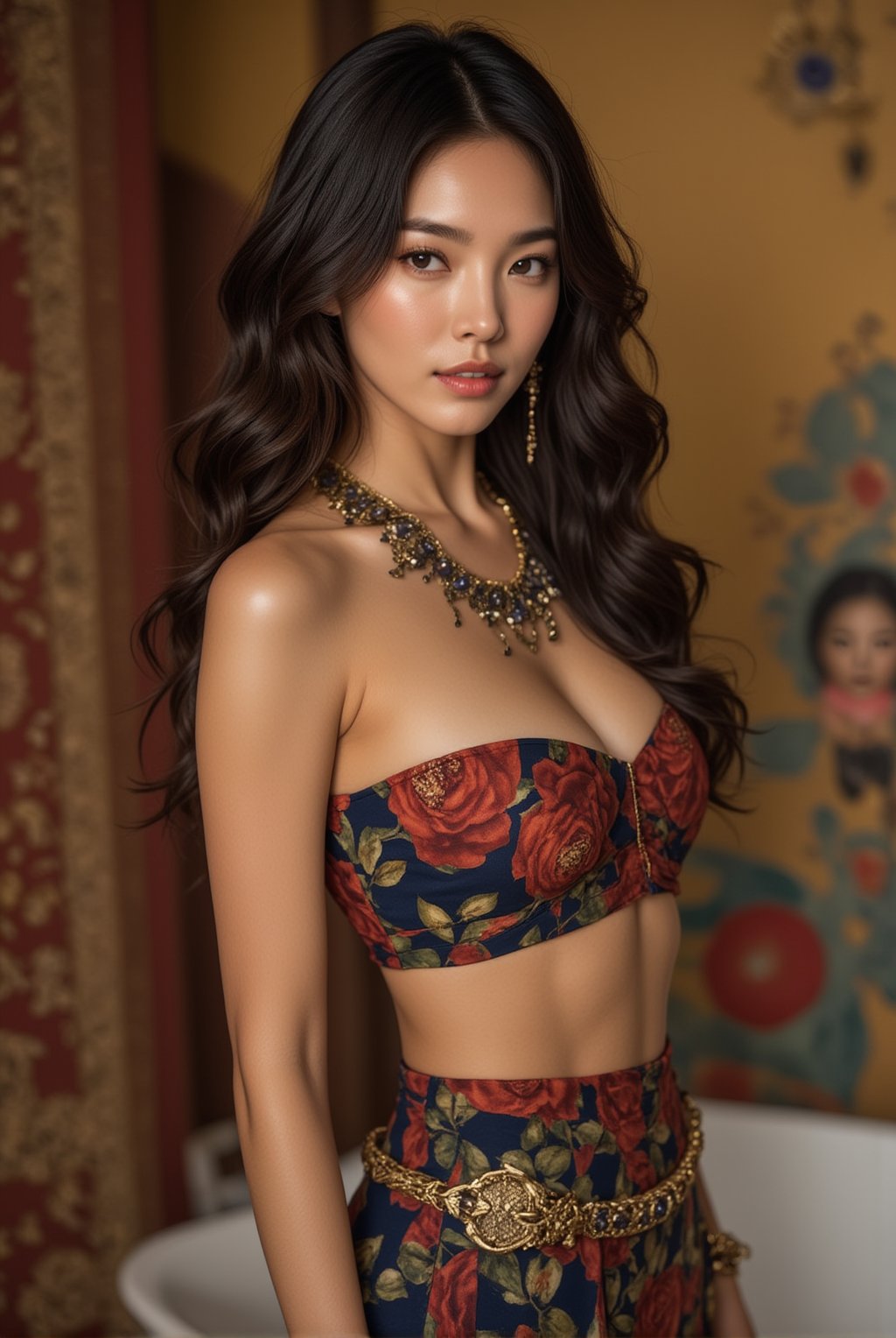 Femme colored  dinem Chemise,  amazing  Egyptian details,  joyful and playful background,  ornates fabrics,  Rissing,  realistic,  bath, aesthetic portrait, greg rutkowski,  highly detailed,  masterpiece,  intricate,  realistic. ek_g1rl_02,ek_art_b00ster