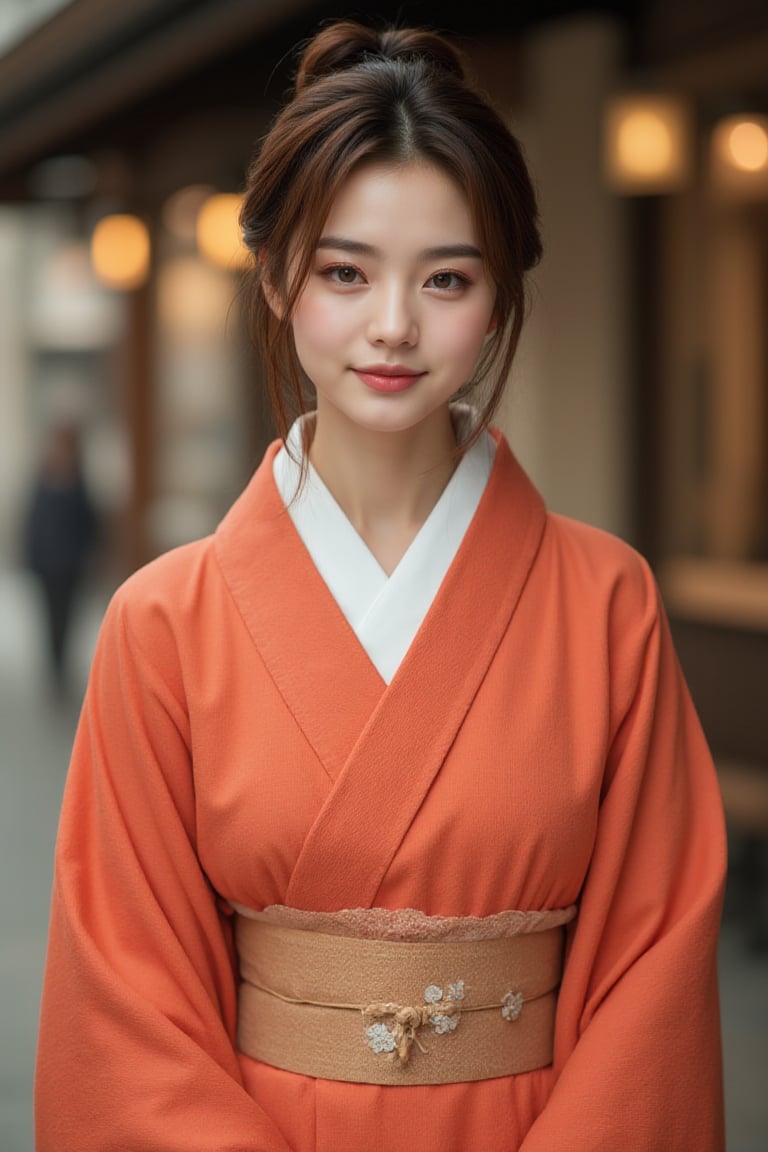 A beautiful Japanese woman, salmon-colored kimono, cinematic, highly details