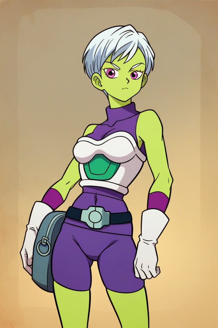 score_9, score_8_up,score_7_up, source_anime, CheelaiSDXL, green skin, purple eyes, purple bodysuit with turtle neck, white gloves, white short hair,  white torso armor, sci-fi pistol, standing, short body, akira toriyama style, slim, medium body, little belt bagpacks,