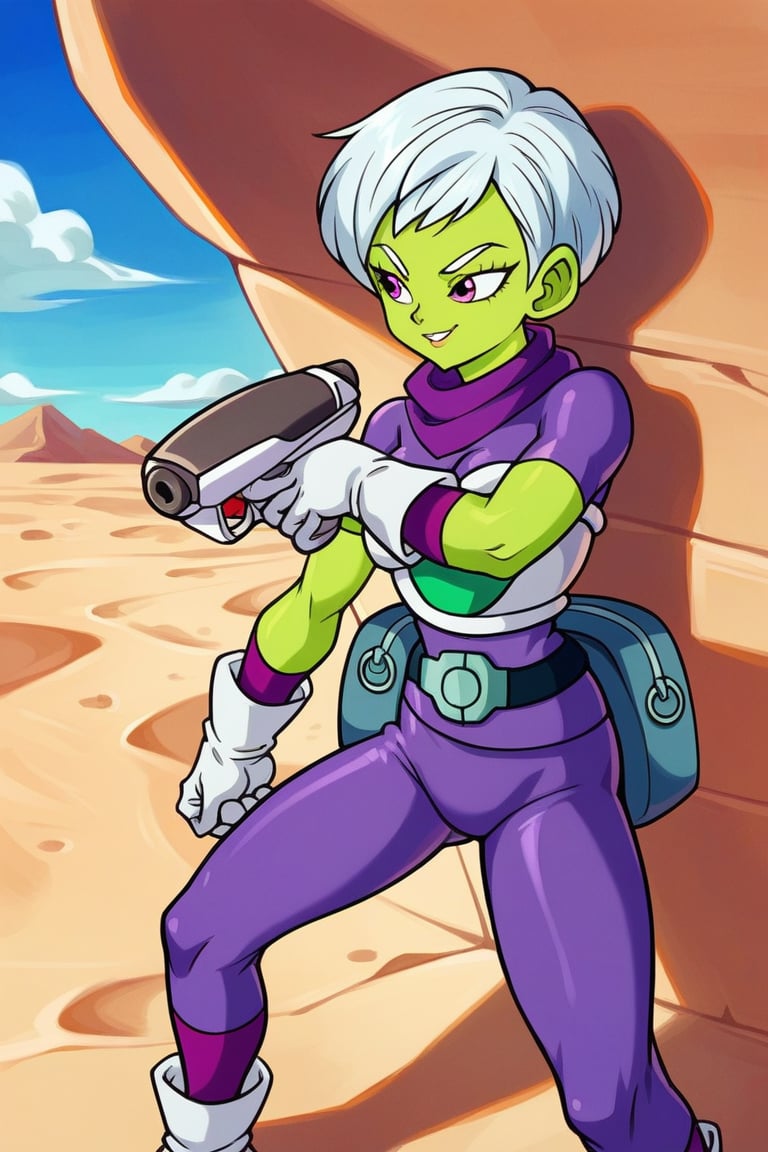 score_9, score_8_up,score_7_up, source_anime, CheelaiSDXL, 1girl, green skin, purple eyes, purple bodysuit with turtle neck, white gloves, white short hair,  white torso armor, sci-fi pistol, standing, akira toriyama style,  little belt bagpacks, desert, outdoor, from above, very femenine attributes, light composition, smile, space ship.