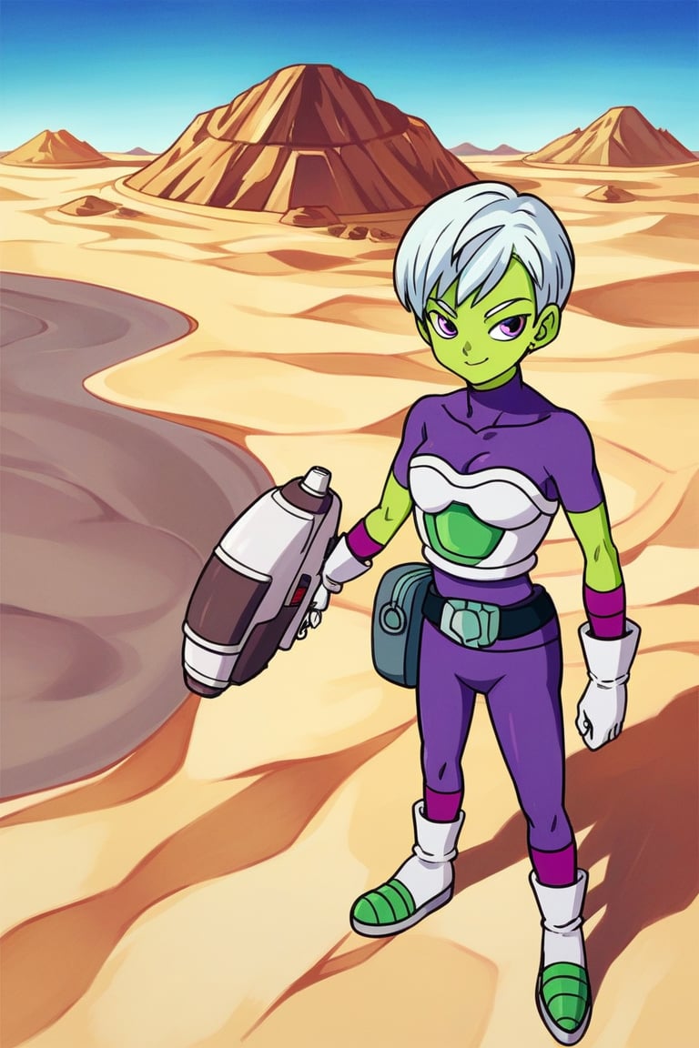 score_9, score_8_up,score_7_up, source_anime, CheelaiSDXL, green skin, purple eyes, purple bodysuit with turtle neck, white gloves, white short hair,  white torso armor, sci-fi pistol, standing, akira toriyama style,  little belt bagpacks, desert, outdoor, from above, very femenine attributes, light composition, smile, space ship.