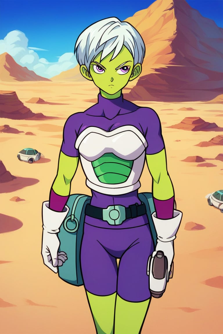 score_9, score_8_up,score_7_up, source_anime, CheelaiSDXL, green skin, purple eyes, purple bodysuit with turtle neck, white gloves, white short hair,  white torso armor, sci-fi pistol, standing, akira toriyama style,  little belt bagpacks, desert, outdoor,