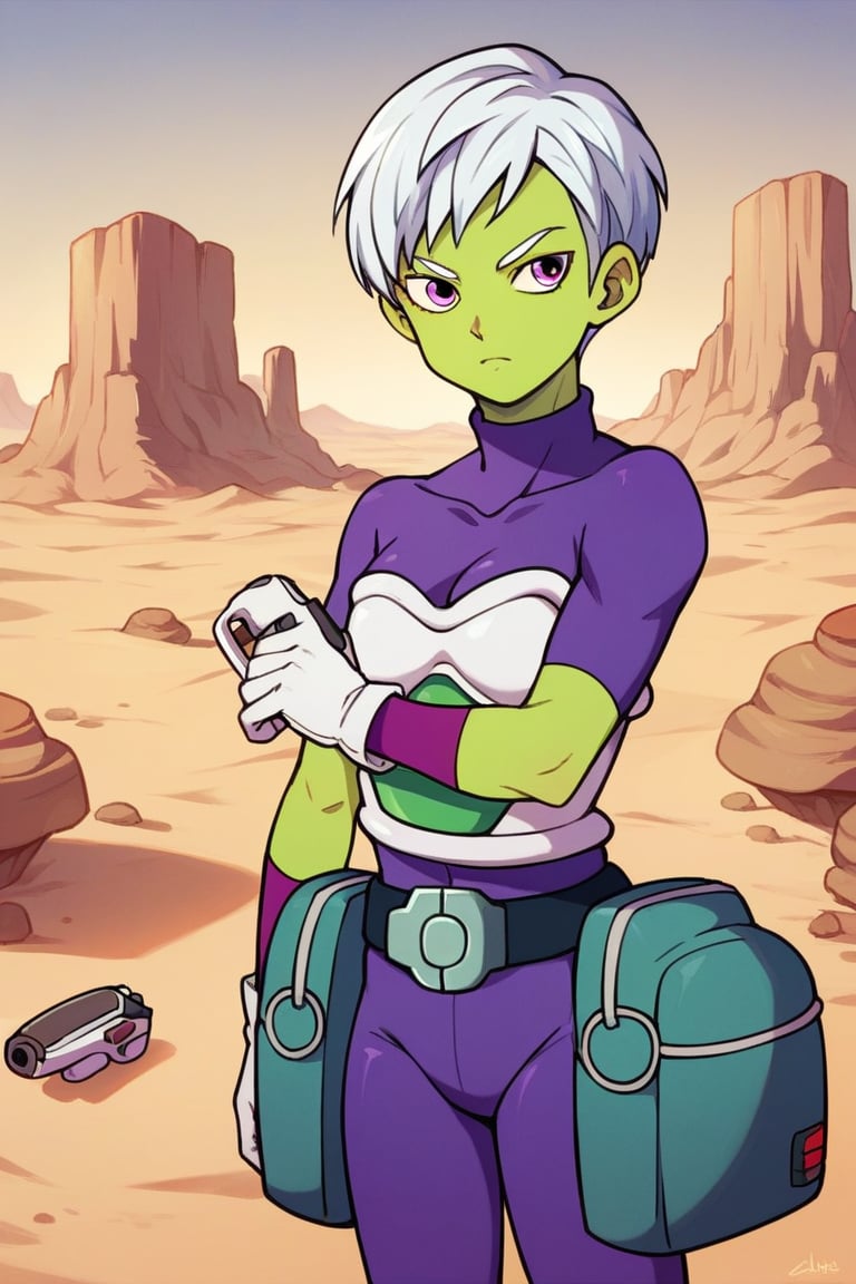 score_9, score_8_up,score_7_up, source_anime, CheelaiSDXL, green skin, purple eyes, purple bodysuit with turtle neck, white gloves, white short hair,  white torso armor, sci-fi pistol, standing, akira toriyama style,  little belt bagpacks, desert, outdoor,