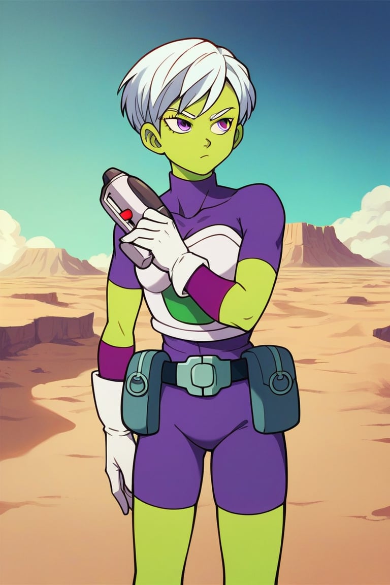 score_9, score_8_up,score_7_up, source_anime, CheelaiSDXL, green skin, purple eyes, purple bodysuit with turtle neck, white gloves, white short hair,  white torso armor, sci-fi pistol, standing, akira toriyama style,  little belt bagpacks, desert, outdoor,