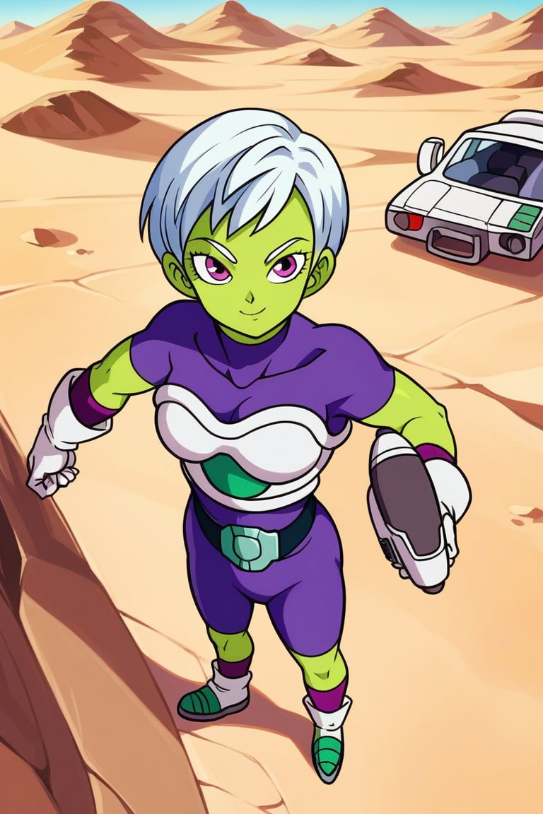 score_9, score_8_up,score_7_up, source_anime, CheelaiSDXL, 1girl, green skin, purple eyes, purple bodysuit with turtle neck, white gloves, white short hair,  white torso armor, sci-fi pistol, standing, akira toriyama style,  little belt bagpacks, desert, outdoor, from above, very femenine attributes, light composition, smile, space ship.