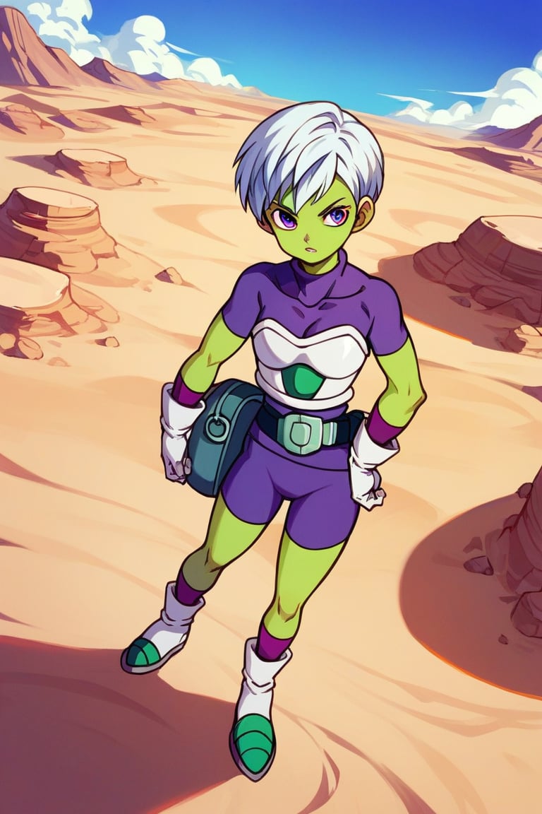 score_9, score_8_up,score_7_up, source_anime, CheelaiSDXL, green skin, purple eyes, purple bodysuit with turtle neck, white gloves, white short hair,  white torso armor, sci-fi pistol, standing, akira toriyama style,  little belt bagpacks, desert, outdoor, from above,