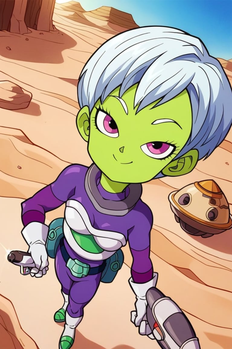 score_9, score_8_up,score_7_up, source_anime, CheelaiSDXL, 1girl, green skin, purple eyes, purple bodysuit with turtle neck, white gloves, white short hair,  white torso armor, sci-fi pistol, standing, akira toriyama style,  little belt bagpacks, desert, outdoor, from above, very femenine attributes, light composition, smile, space ship.