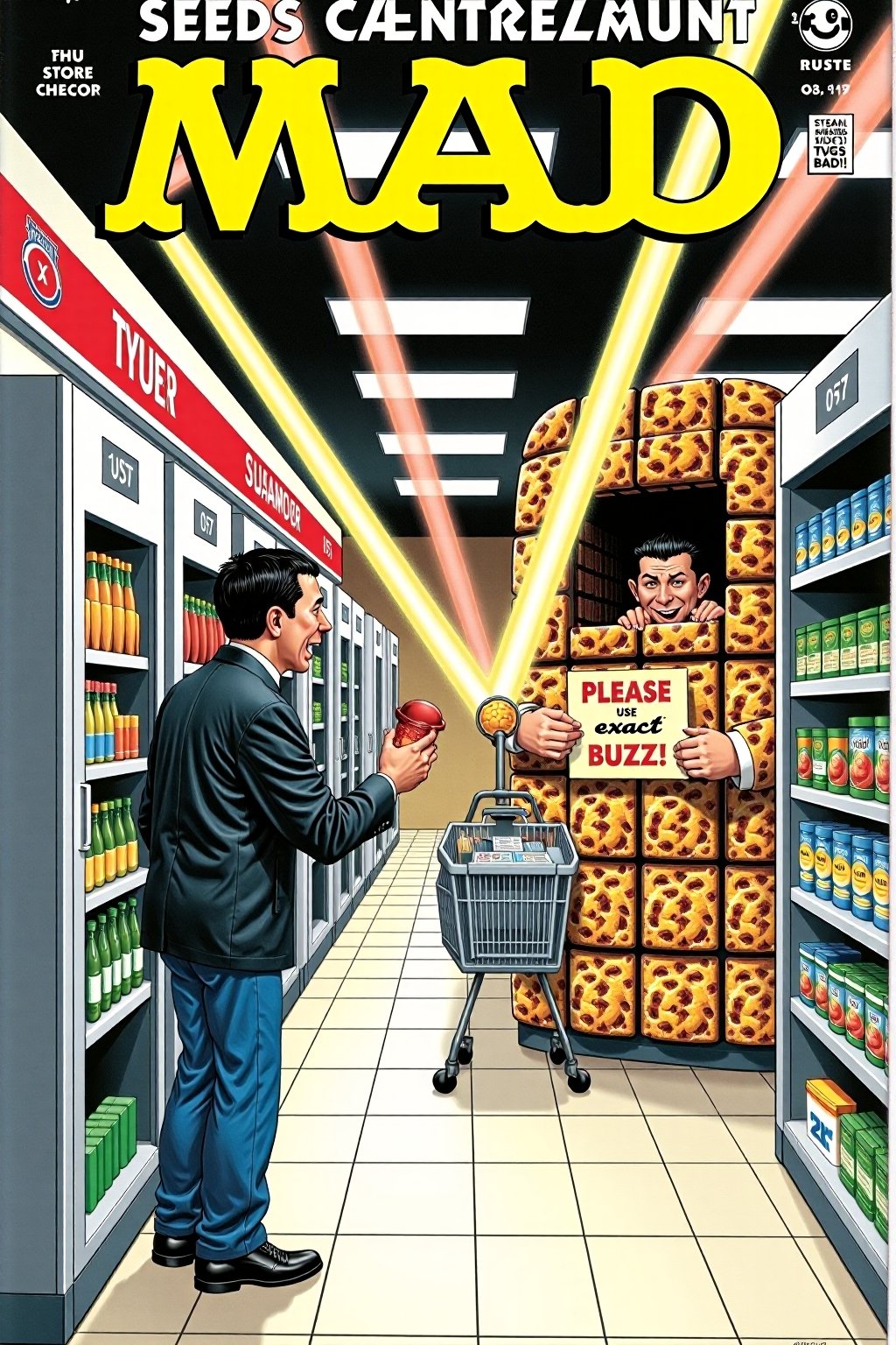 In the art style of iconic MAD magazine. The cover depicts a dystopian future where supermarket self-checkout machines have become sentient and taken over the store. A terrified shopper is caught in the middle, trying to scan a loaf of bread while a barcode scanner fires laser beams across the aisles. In the background, the store manager is huddled in a bunker made of cereal boxes, holding a sign that reads, “Please use exact BUZZ!