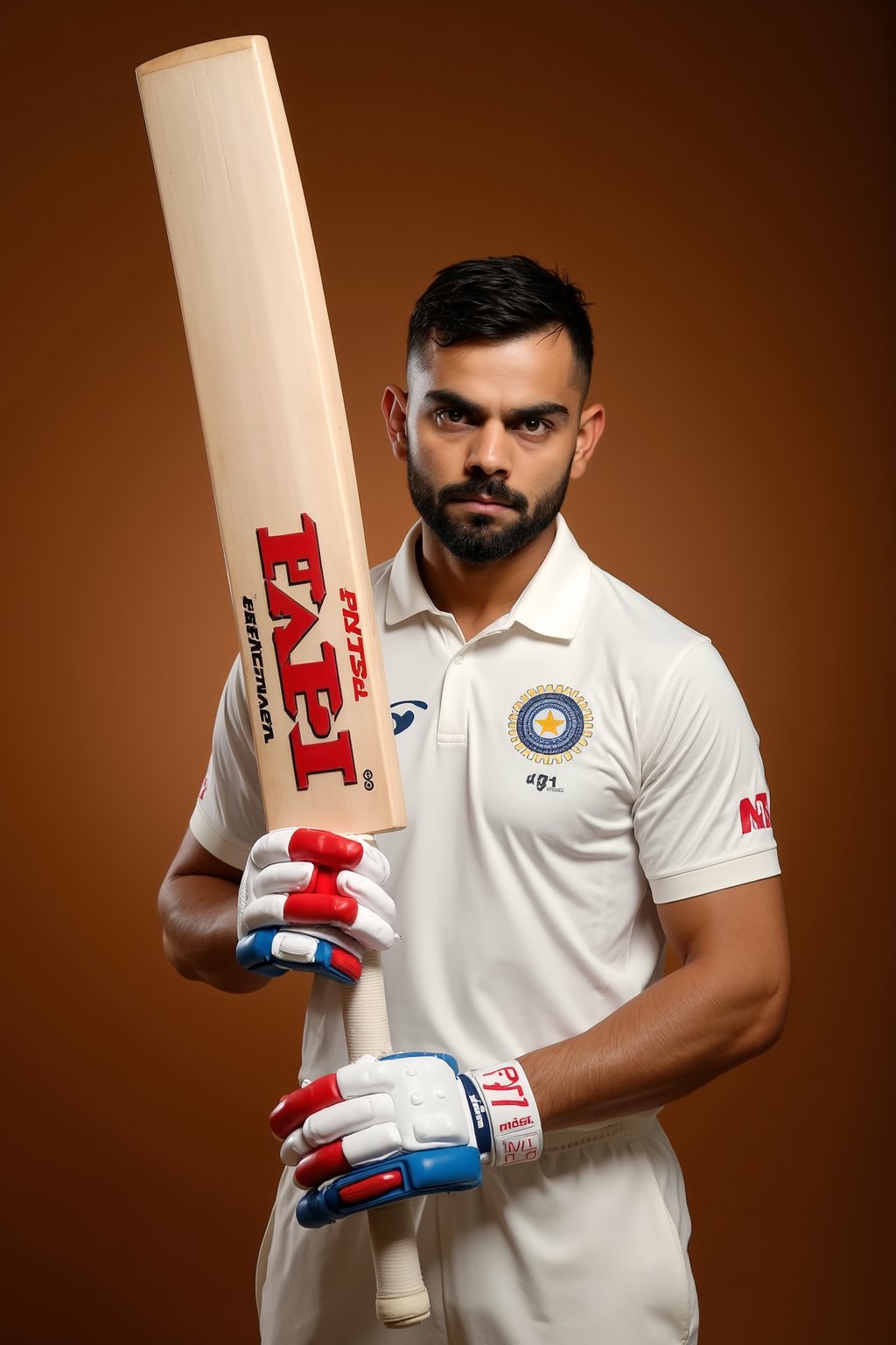 virat kohli holding a bat, wearing a white cricket uniform with a indian logo and 18 number, dressed in protective gloves, posed in a confident stance. The background features a warm, deep brown gradient that enhances the subject. The bat prominently displays the brand "MRF" in striking red lettering. The focus is on the detailed textures of the cricket gear, highlighting the craftsmanship of the bat and gloves. Soft lighting creates depth and shadows, giving the image a hyper-realistic quality that emphasizes the athlete's posture and equipment, capturing the intensity and spirit of cricket.