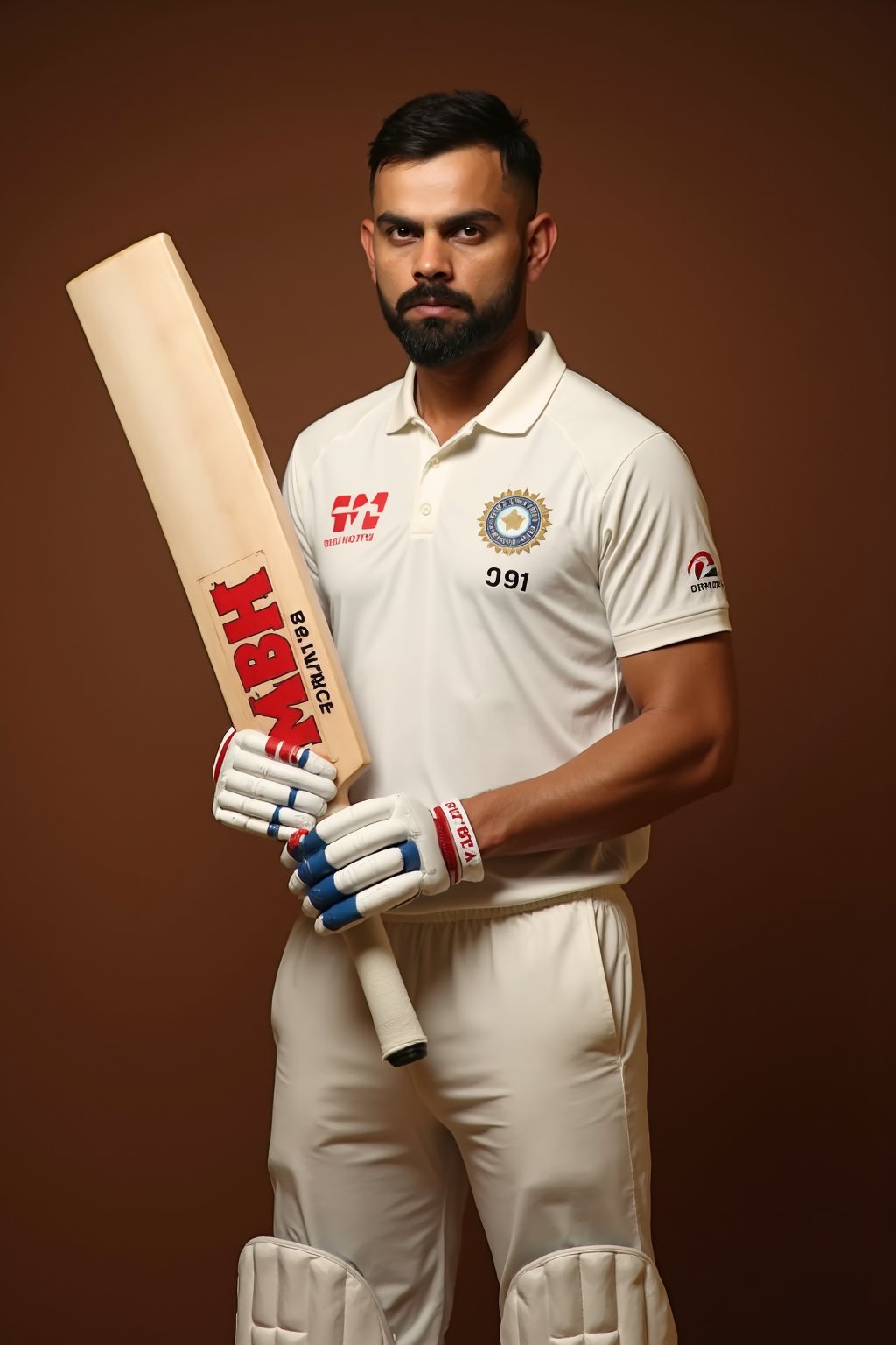 virat kohli holding a bat, wearing a white cricket uniform with a indian logo and 18 number, dressed in protective gloves, posed in a confident stance. The background features a warm, deep brown gradient that enhances the subject. The bat prominently displays the brand "MRF" in striking red lettering. The focus is on the detailed textures of the cricket gear, highlighting the craftsmanship of the bat and gloves. Soft lighting creates depth and shadows, giving the image a hyper-realistic quality that emphasizes the athlete's posture and equipment, capturing the intensity and spirit of cricket.