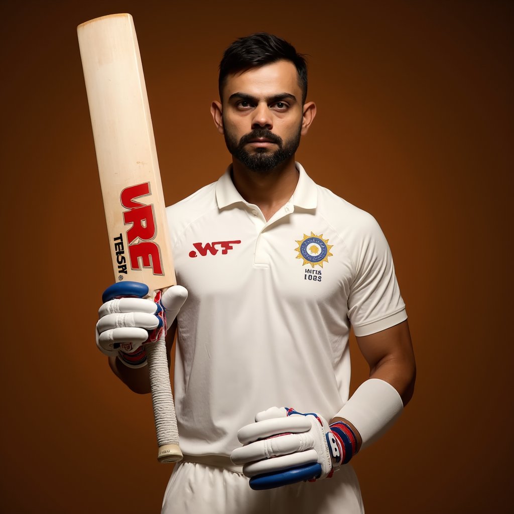 virat kohli holding a bat, wearing a white cricket uniform with a indian logo and 18 number, dressed in protective gloves, posed in a confident stance. The background features a warm, deep brown gradient that enhances the subject. The bat prominently displays the brand "MRF" in striking red lettering. The focus is on the detailed textures of the cricket gear, highlighting the craftsmanship of the bat and gloves. Soft lighting creates depth and shadows, giving the image a hyper-realistic quality that emphasizes the athlete's posture and equipment, capturing the intensity and spirit of cricket.