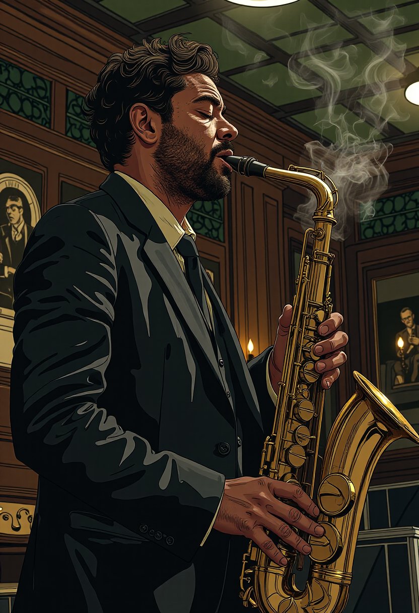 f4nt4st1c  A jazz musician in a sharp suit plays a saxophone on a dimly lit stage, his eyes closed as he loses himself in the music. The smoky room is filled with the soft murmur of the audience, entranced by the soulful melody. His fingers dance across the keys with effortless grace
 
 
 